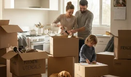 Family following a packing checklist for moving house